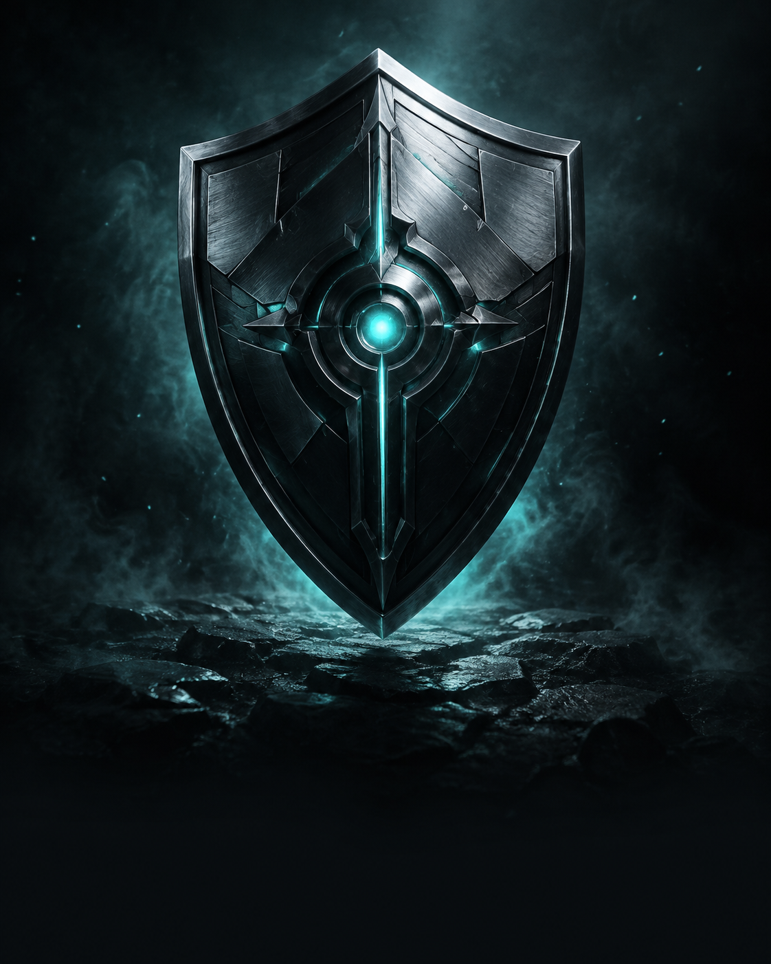 A dark metal shield illuminated by an icy teal core