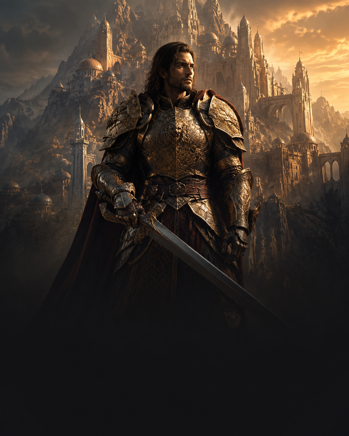 A golden-armored warrior in front of an ancient mountain citadel