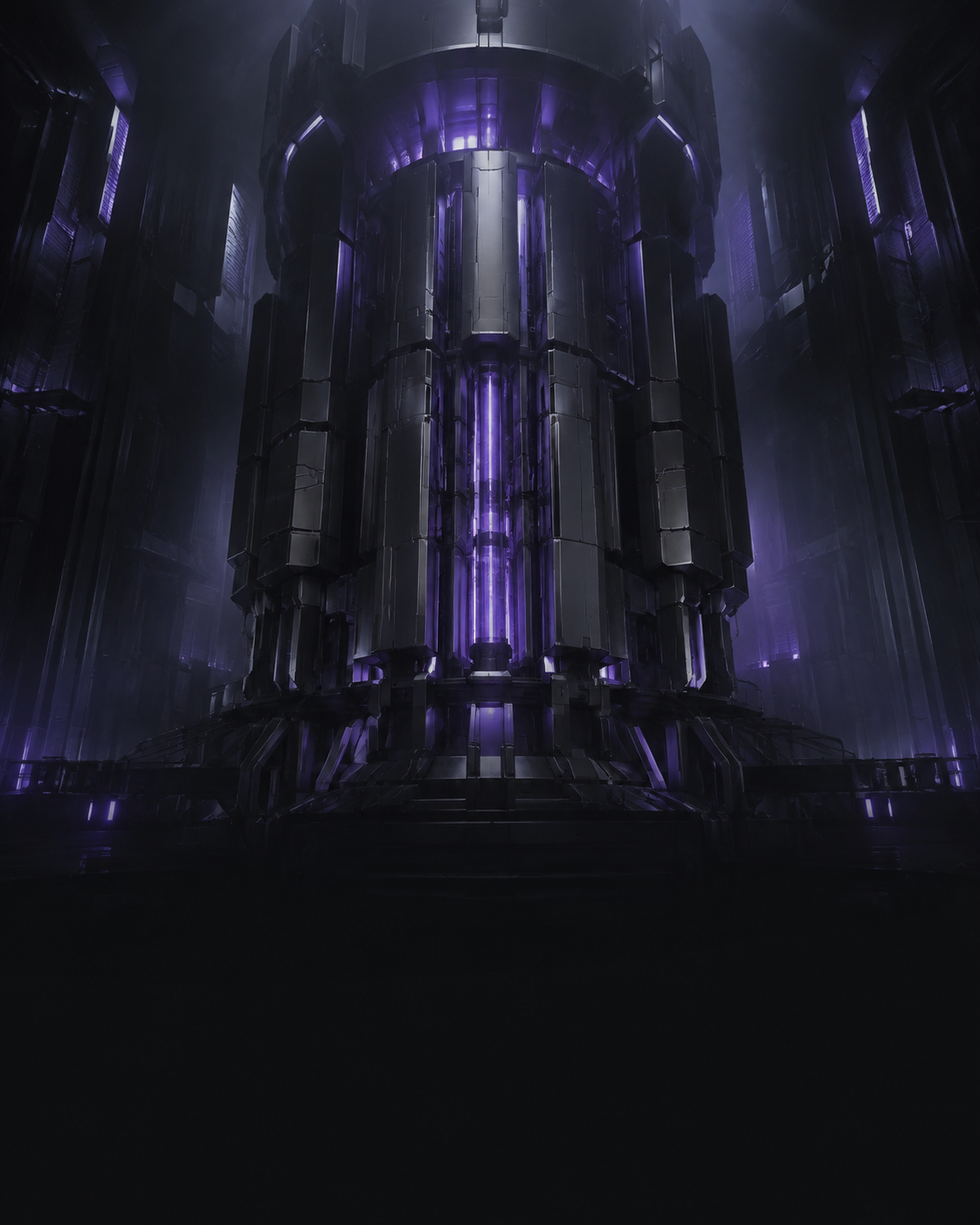 A futuristic titanium server core with subtle violet illumination