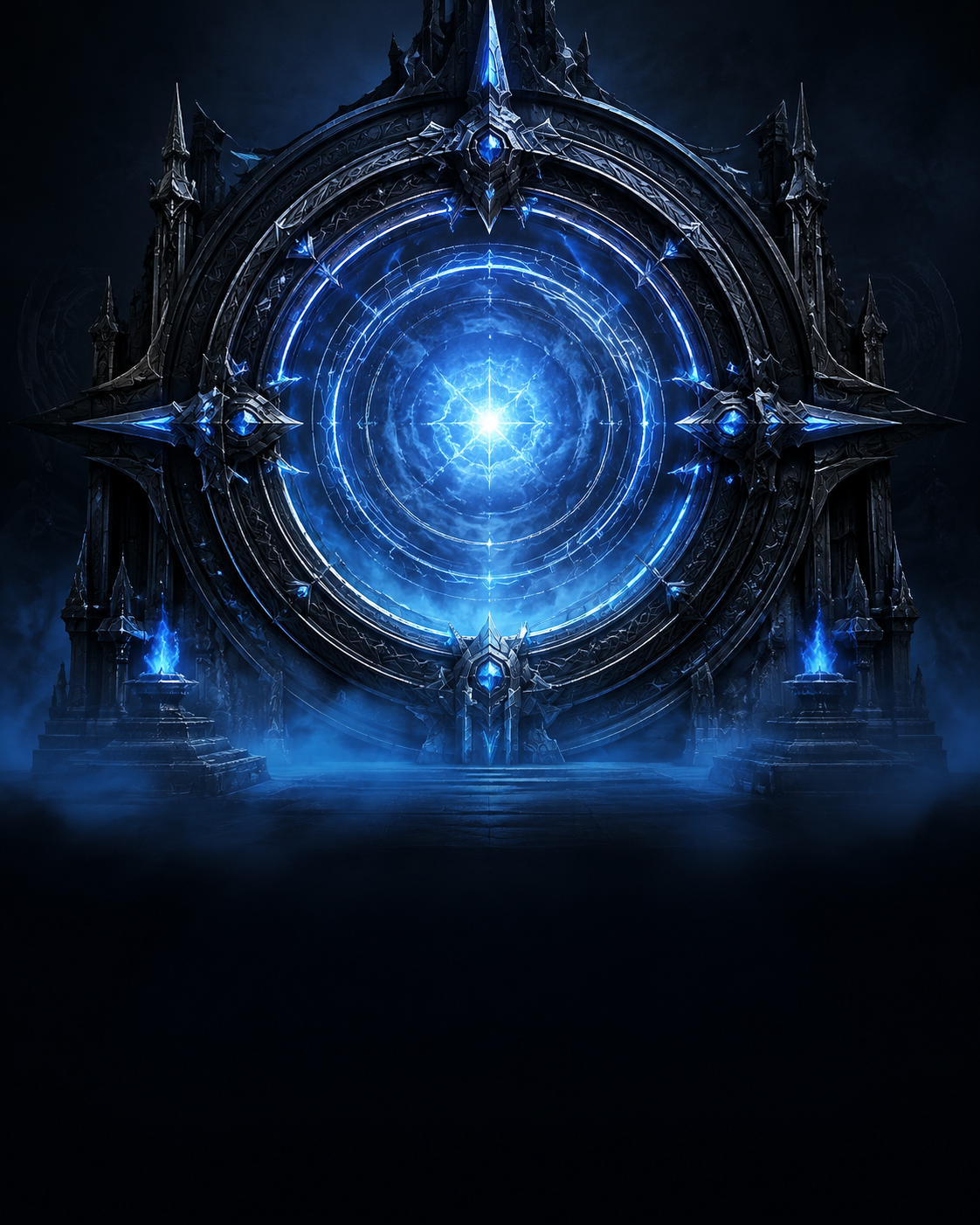 A dark metal portal illuminated by a luminous blue core